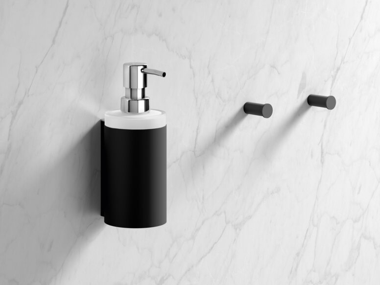 Soap dispenser and towel hook in the colour black