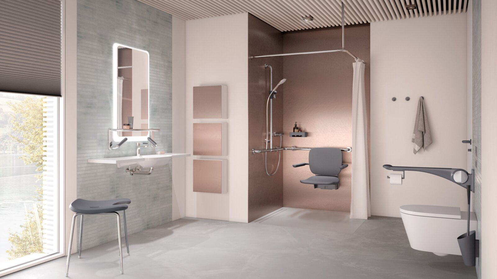 Barrier-free care bathroom with washbasin, shower area and WC